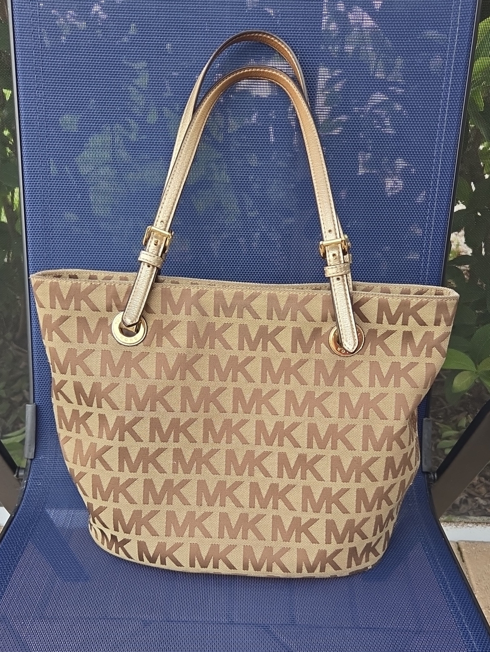 Michael Kors Jet Set Signature Tote MK Monogram Gold Shoulder Bag